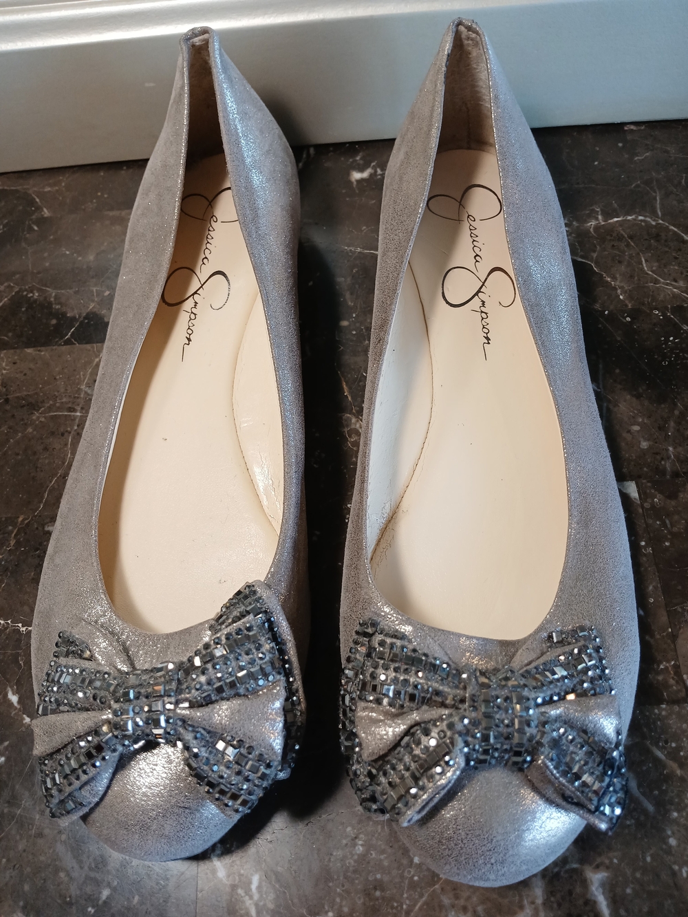 Jessica Simpson Silver Bow-Embellished Flats